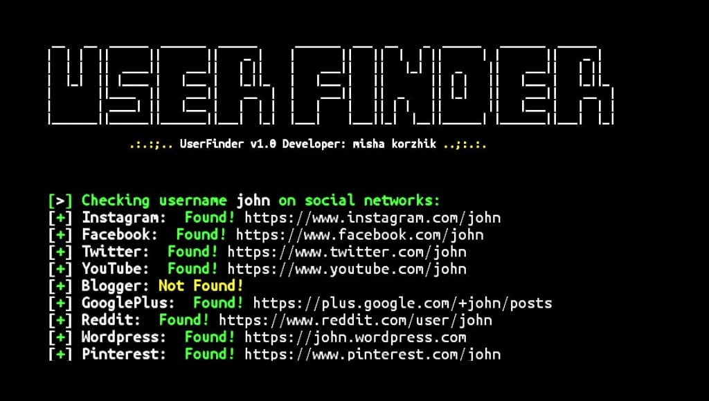 Userfinder installation and usage commands