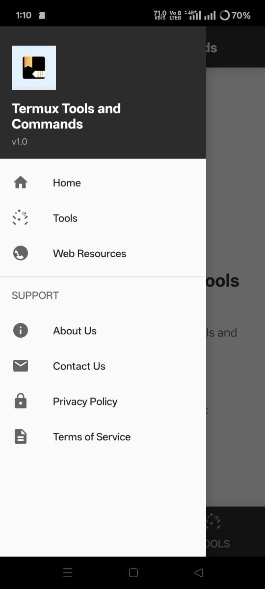 Termux Tools and Commands app sidebar menu