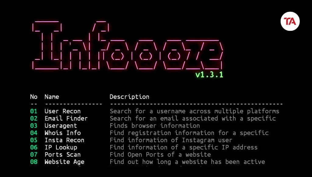 Infoooze osint tool commands